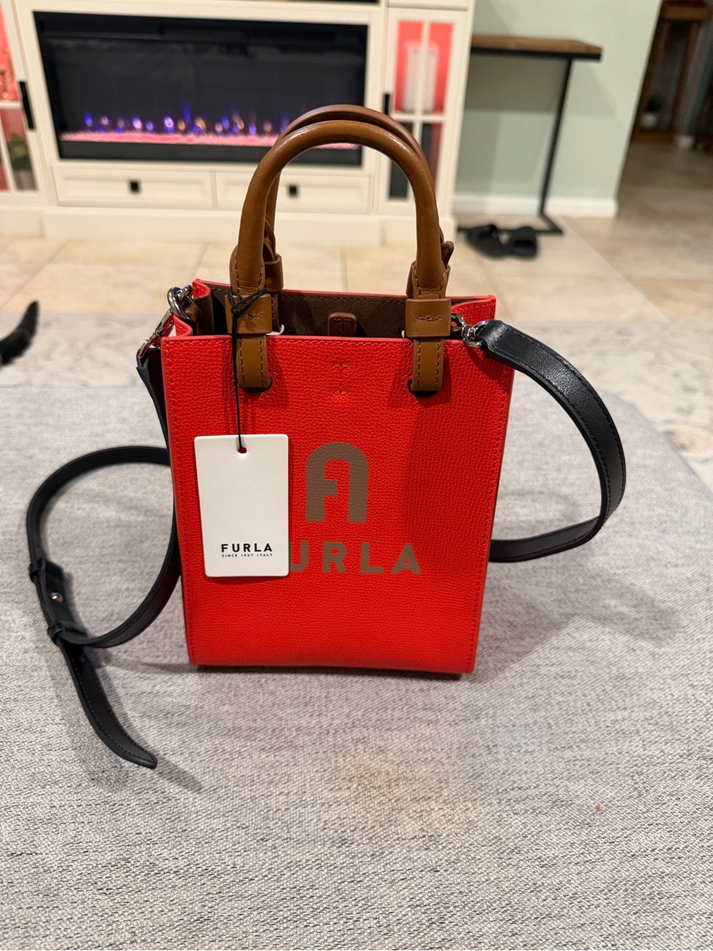 Furla Mini Tote with Brown Handles and Black Strap